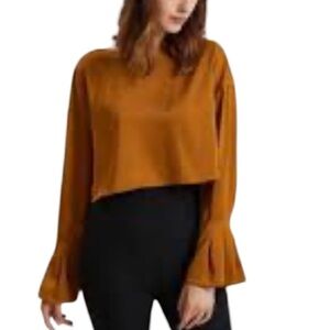 NAP lounge Wear Free Flowing Cropped Top Pleated Sleeve in Warm Amber